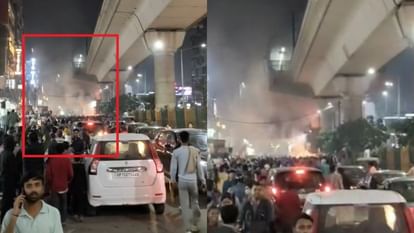Video: Car catches fire near Noida Sector-18 Metro, massive traffic jam on the road; chaos among people car caught fire near Noida Sector 18 Metro station causing massive traffic jams